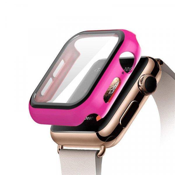 Wholesale Apple Watch Series 6 / SE / 5 / 4 Hard Full Body Case with Tempered Glass 44MM (Hot Pink)